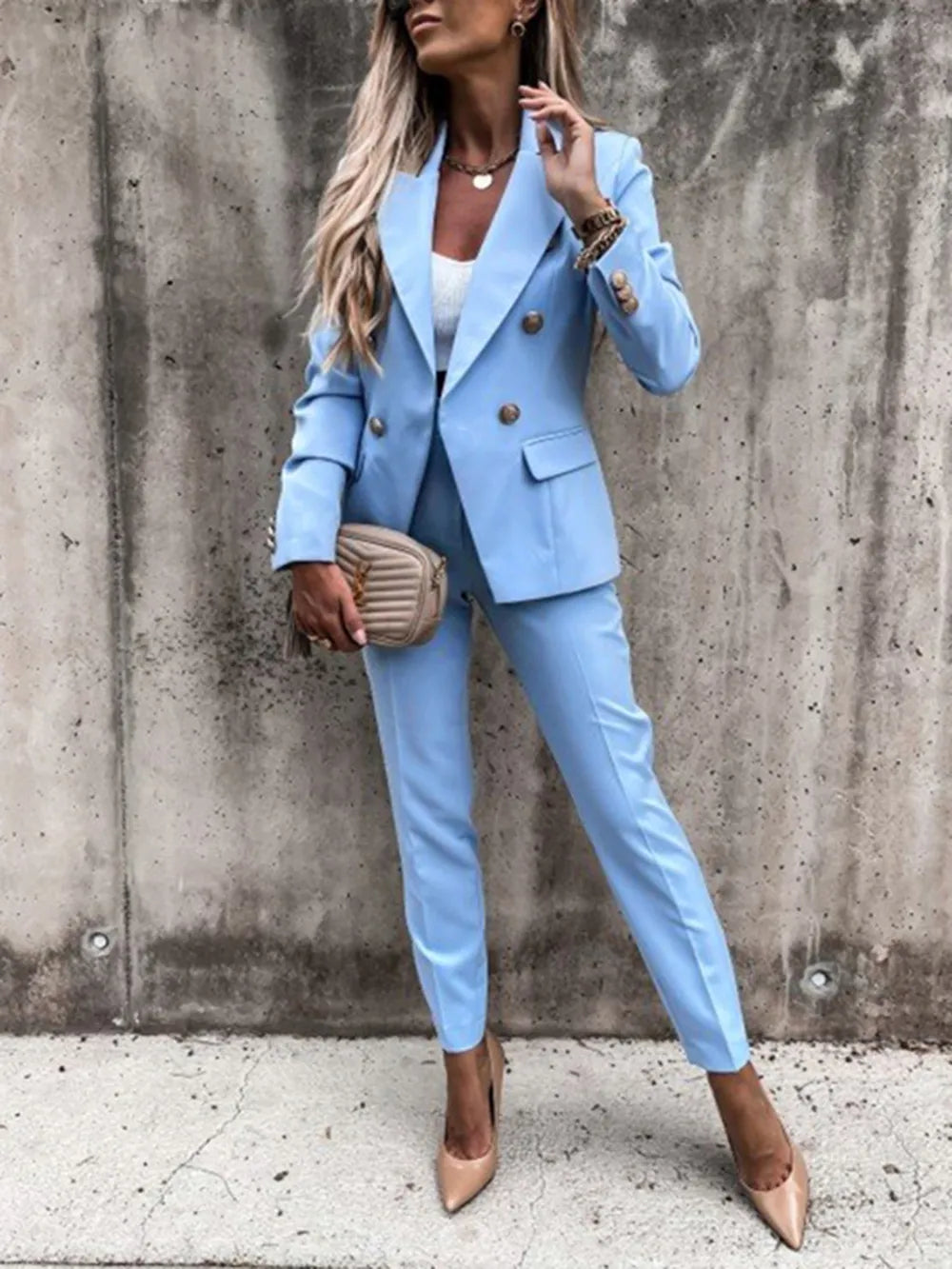 Lapel Collar Long Sleeve Blazer and Pants Set – Elegant Workwear Style