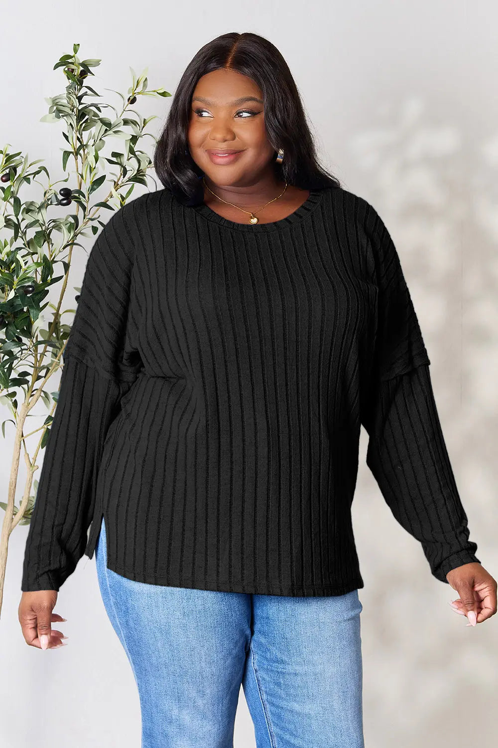Basic Bae Full Size Ribbed Round Neck Slit Knit Top – Stylish Comfort