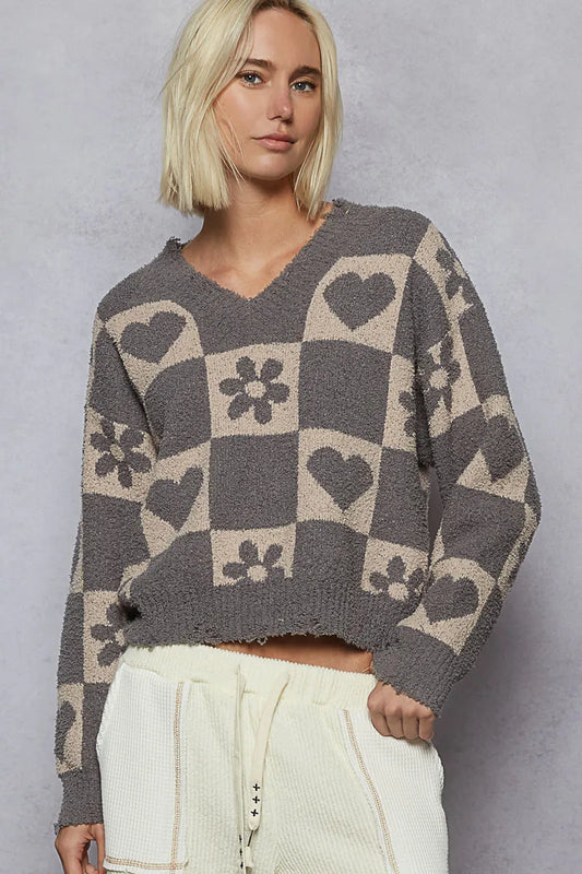 POL V-Neck Heart Pattern Top | Cute Women’s Casual Style