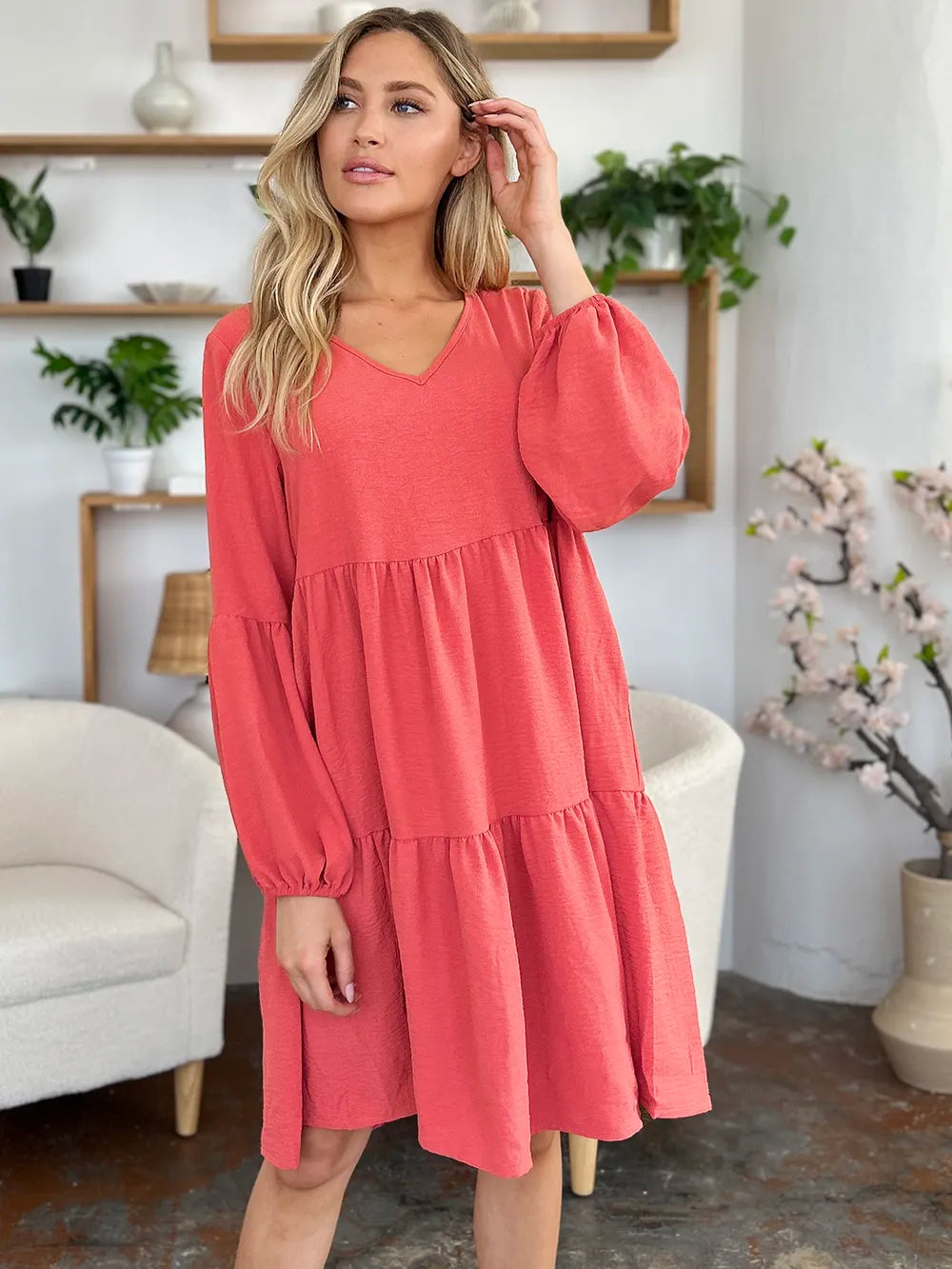 Double Take Full Size V-Neck Balloon Sleeve Tiered Dress | Pockets