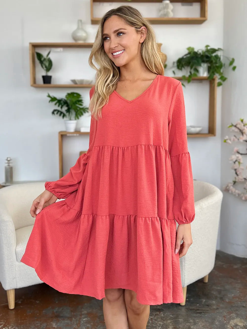 Double Take Full Size V-Neck Balloon Sleeve Tiered Dress | Pockets
