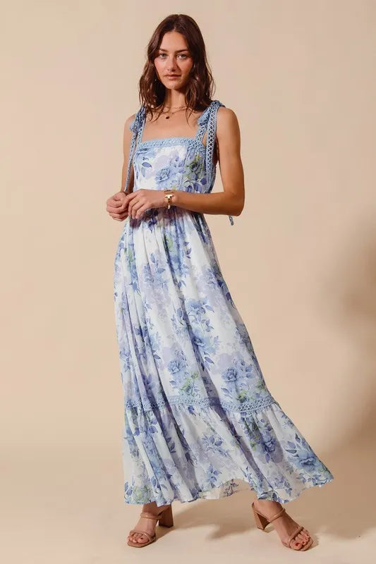 Floral Print Flowy Maxi Dress with Lace Ribbon Tie – Elegant Style