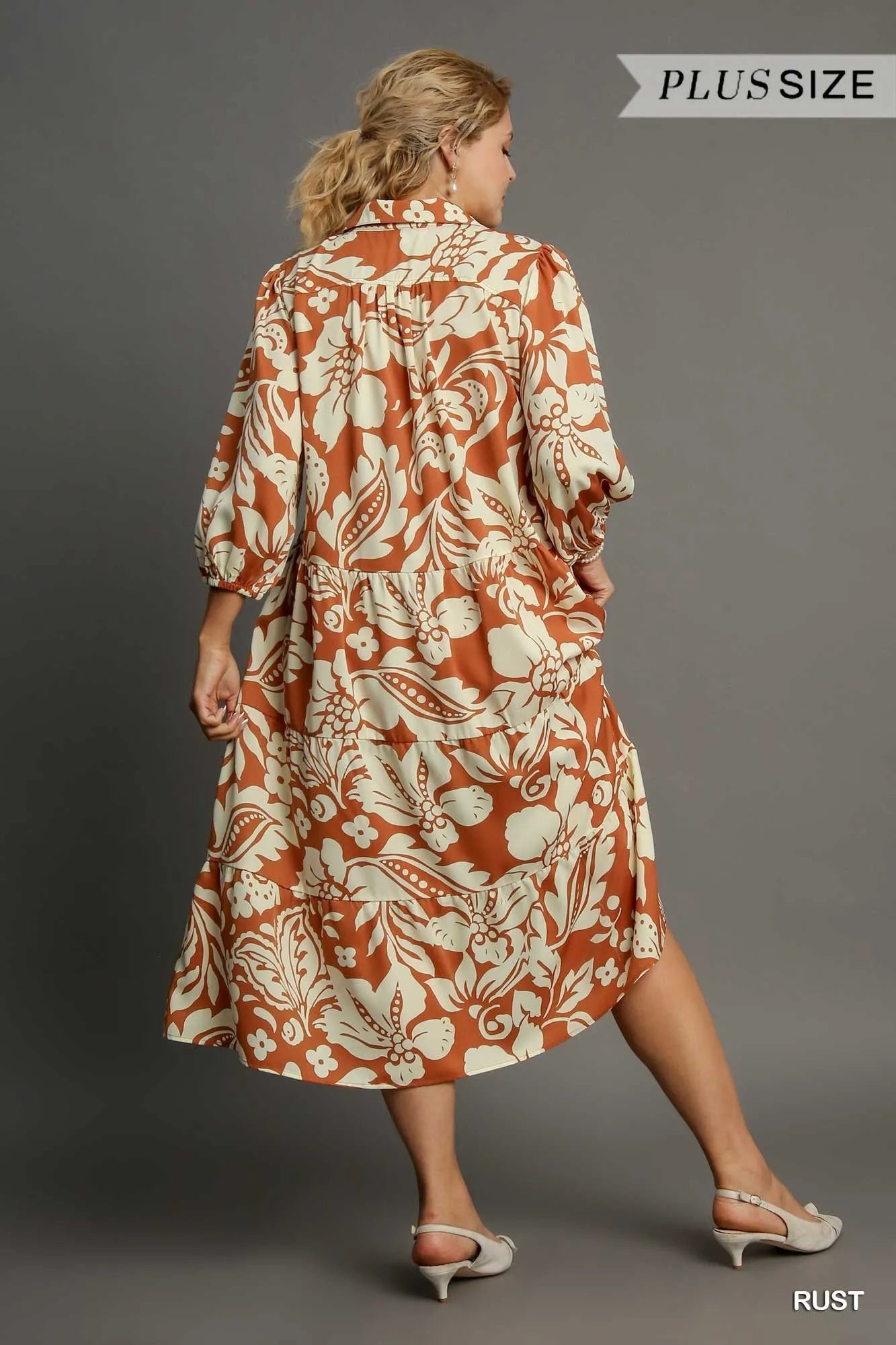 Umgee Full Size Floral Tiered Midi Shirt Dress Plus Size - Flowy Fit