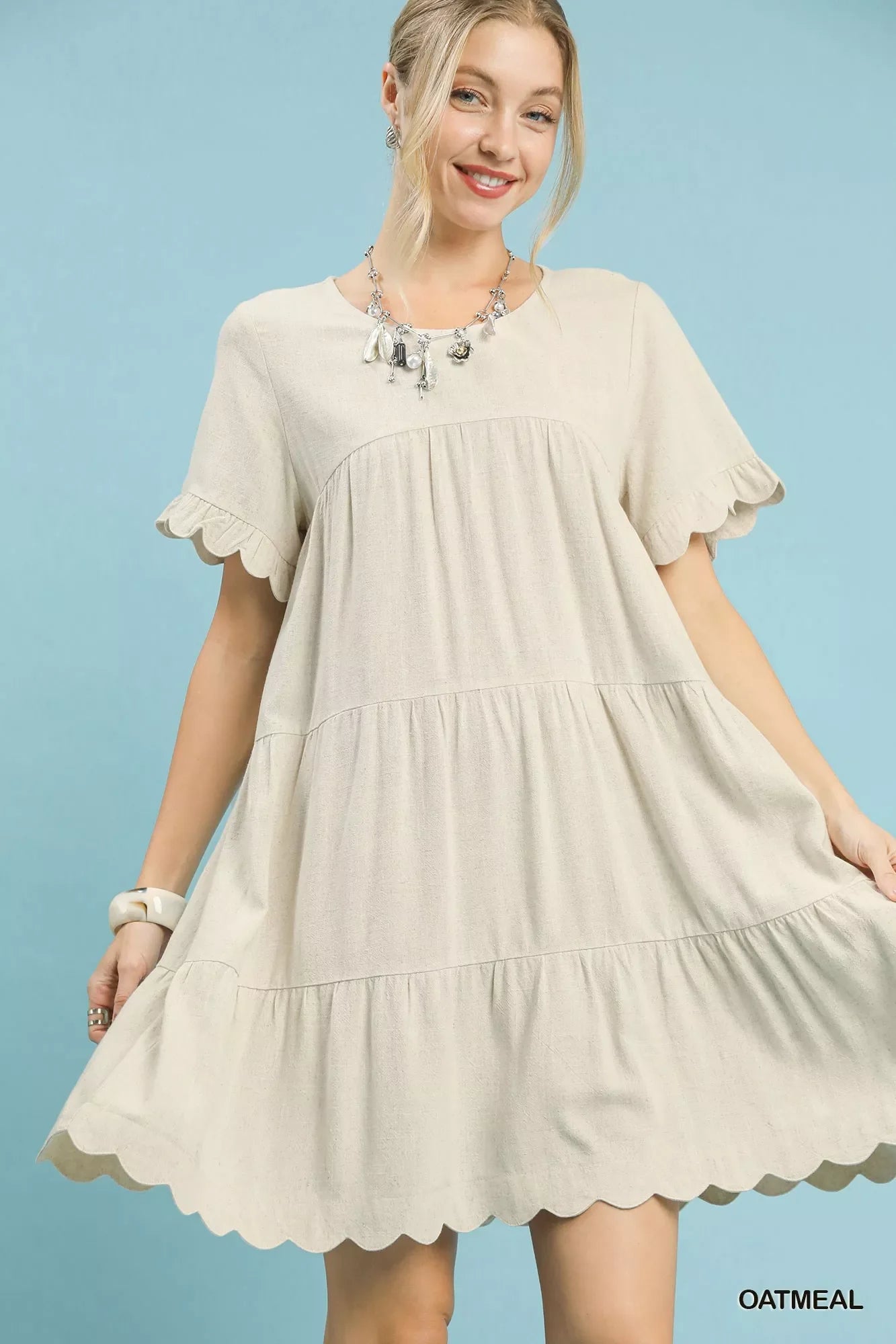 Umgee Linen Tiered Babydoll Dress with Ruffle Sleeves Light & Breezy