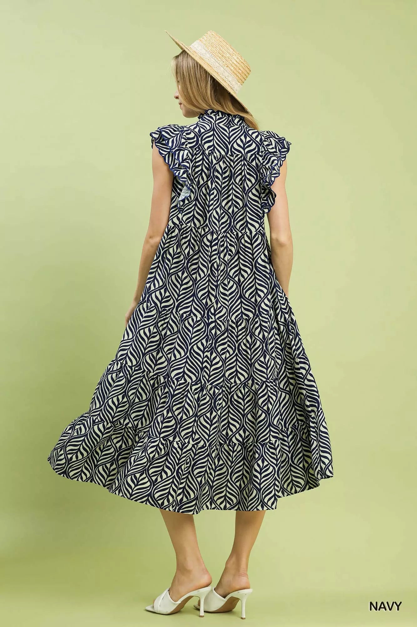 Umgee Leaf Print Tiered Midi Dress with Ruffle Detail Breezy & Stylish
