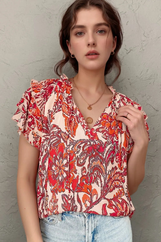 Vintage Floral Ruffle Sleeve V Neck Blouse – Feminine & Elegant Look