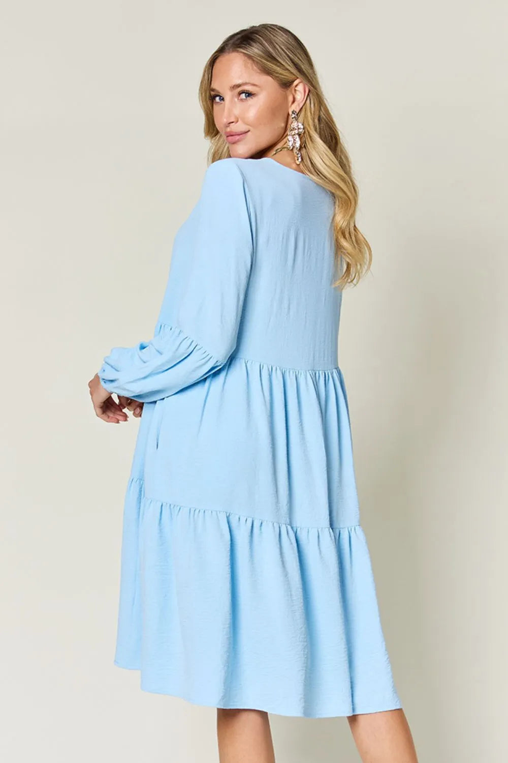 Double Take Full Size V-Neck Balloon Sleeve Tiered Dress | Pockets
