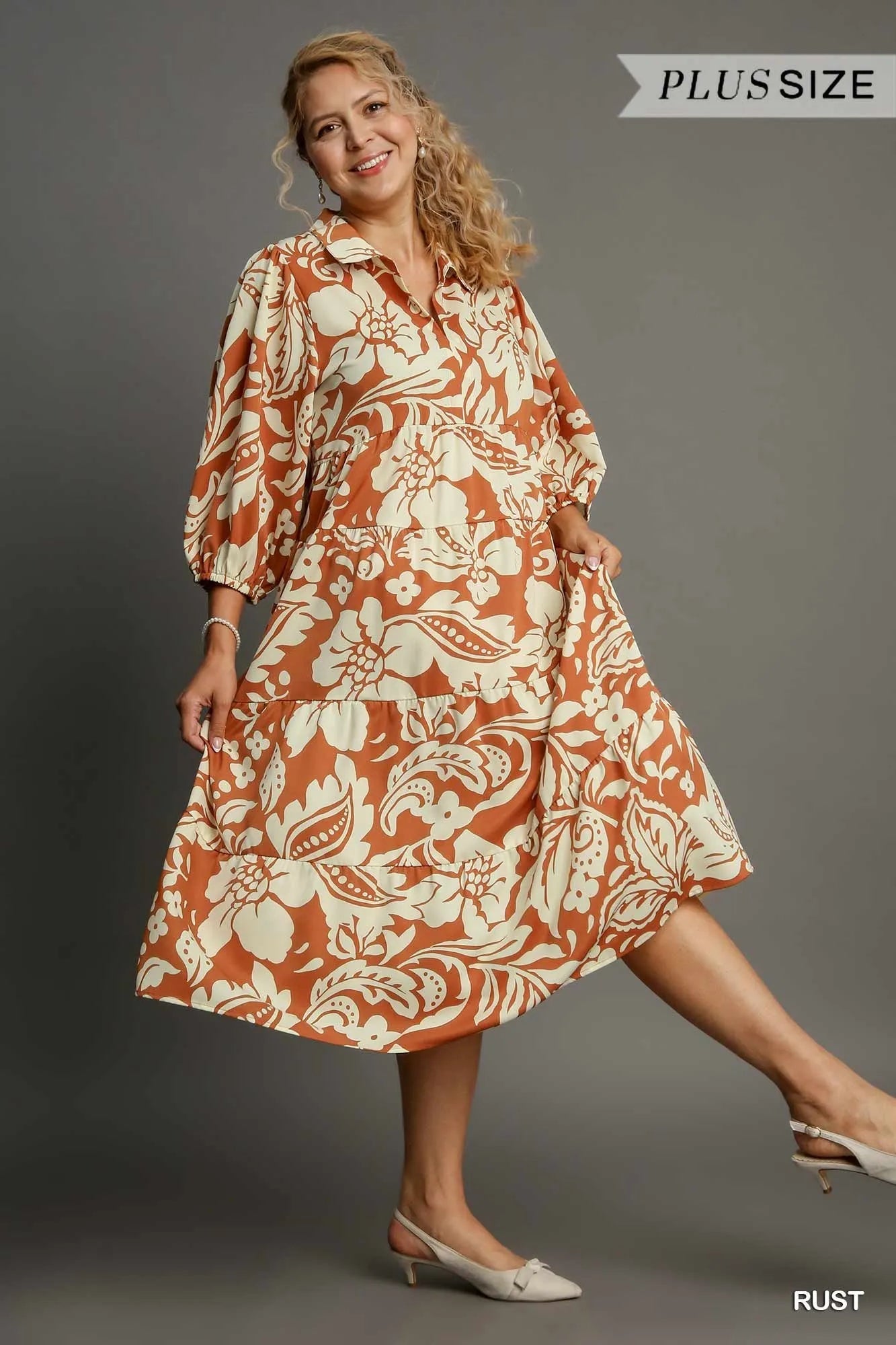Umgee Full Size Floral Tiered Midi Shirt Dress Plus Size - Flowy Fit