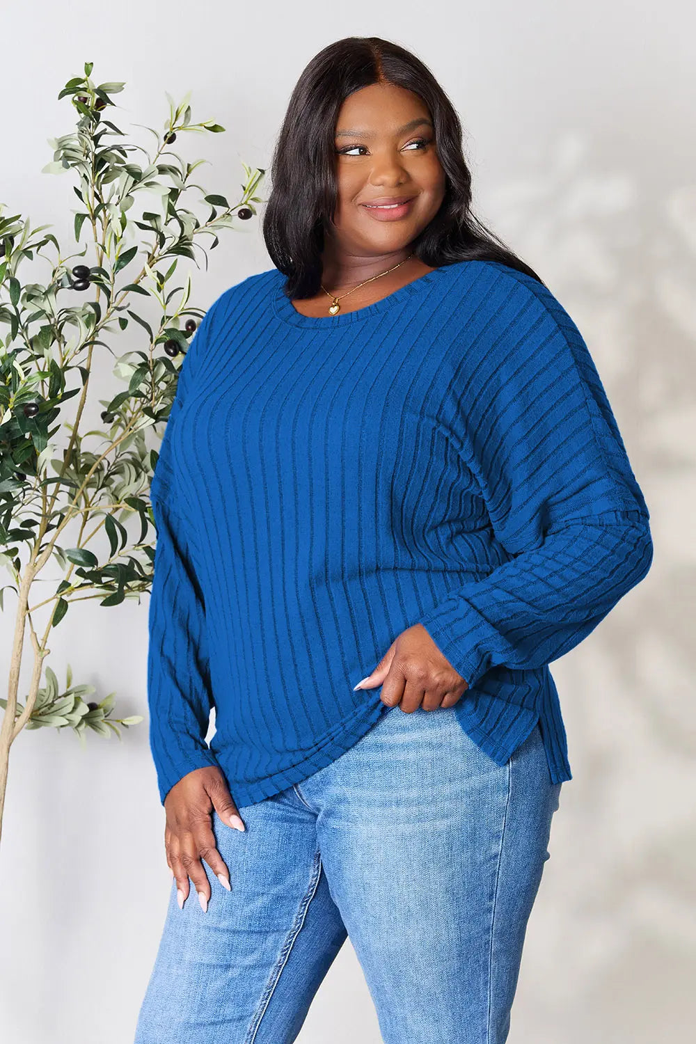 Basic Bae Full Size Ribbed Round Neck Slit Knit Top – Stylish Comfort