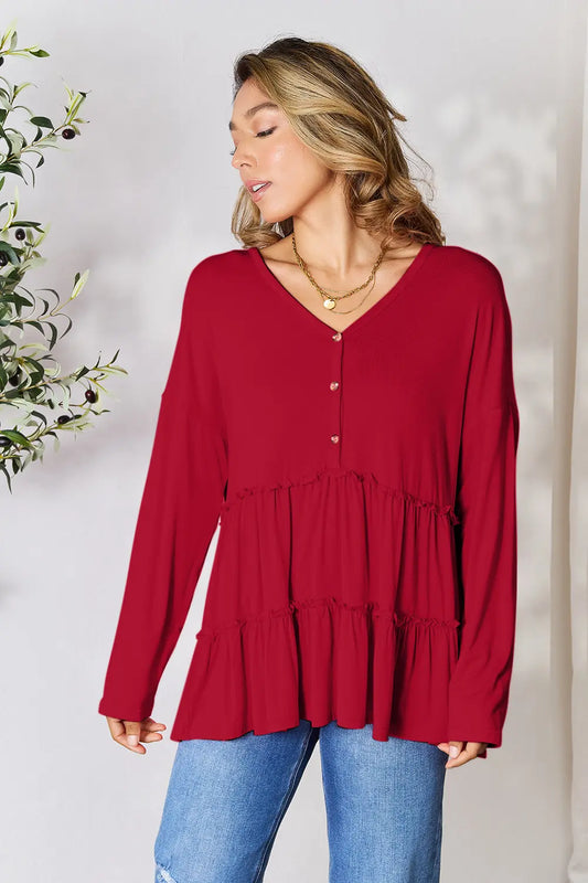 Double Take Half Button Long Sleeve Ruffle Hem Blouse | CentPrime