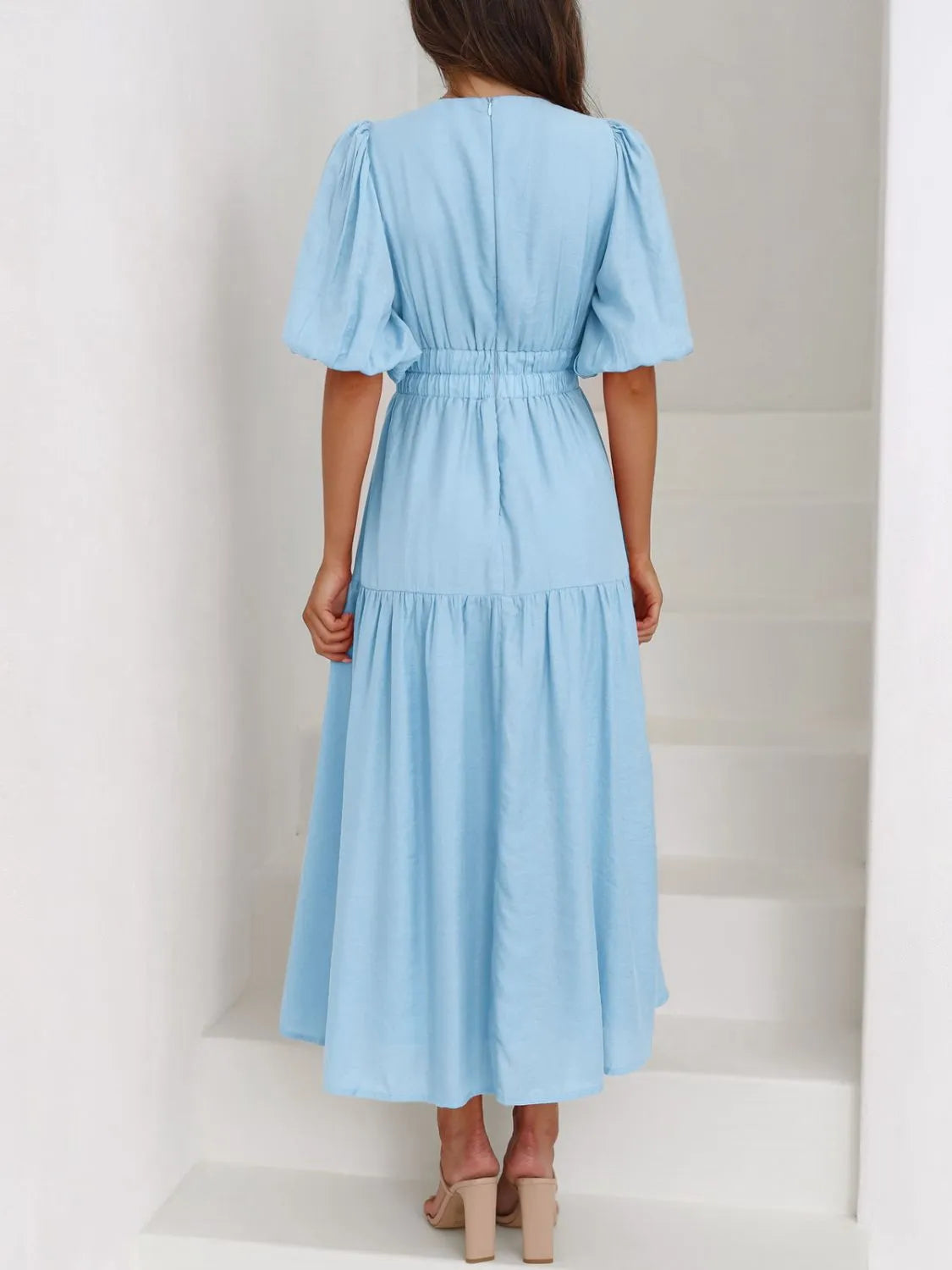 V-Neck Puff Sleeve Midi Dress | Elegant Styles at CentPrime