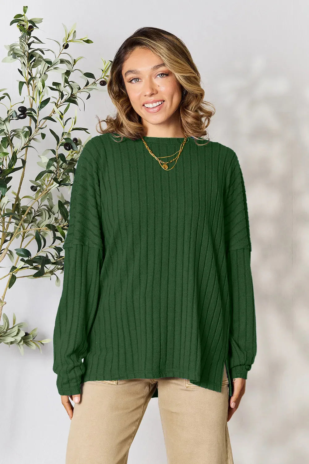 Basic Bae Full Size Ribbed Round Neck Slit Knit Top – Stylish Comfort
