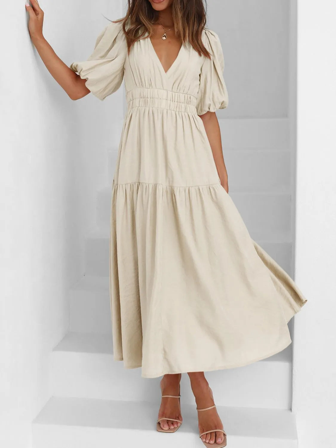 V-Neck Puff Sleeve Midi Dress | Elegant Styles at CentPrime