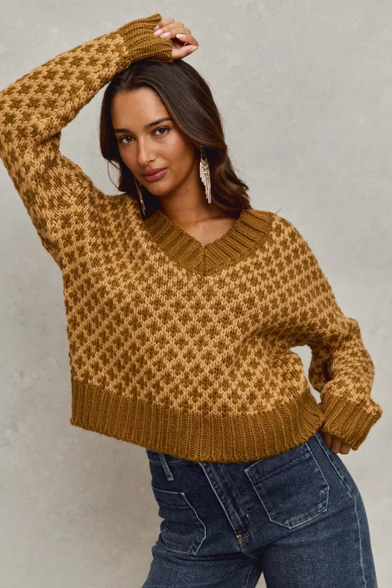 Color Block Textured Christmas Sweater by SO ME - Cozy V Neck Top