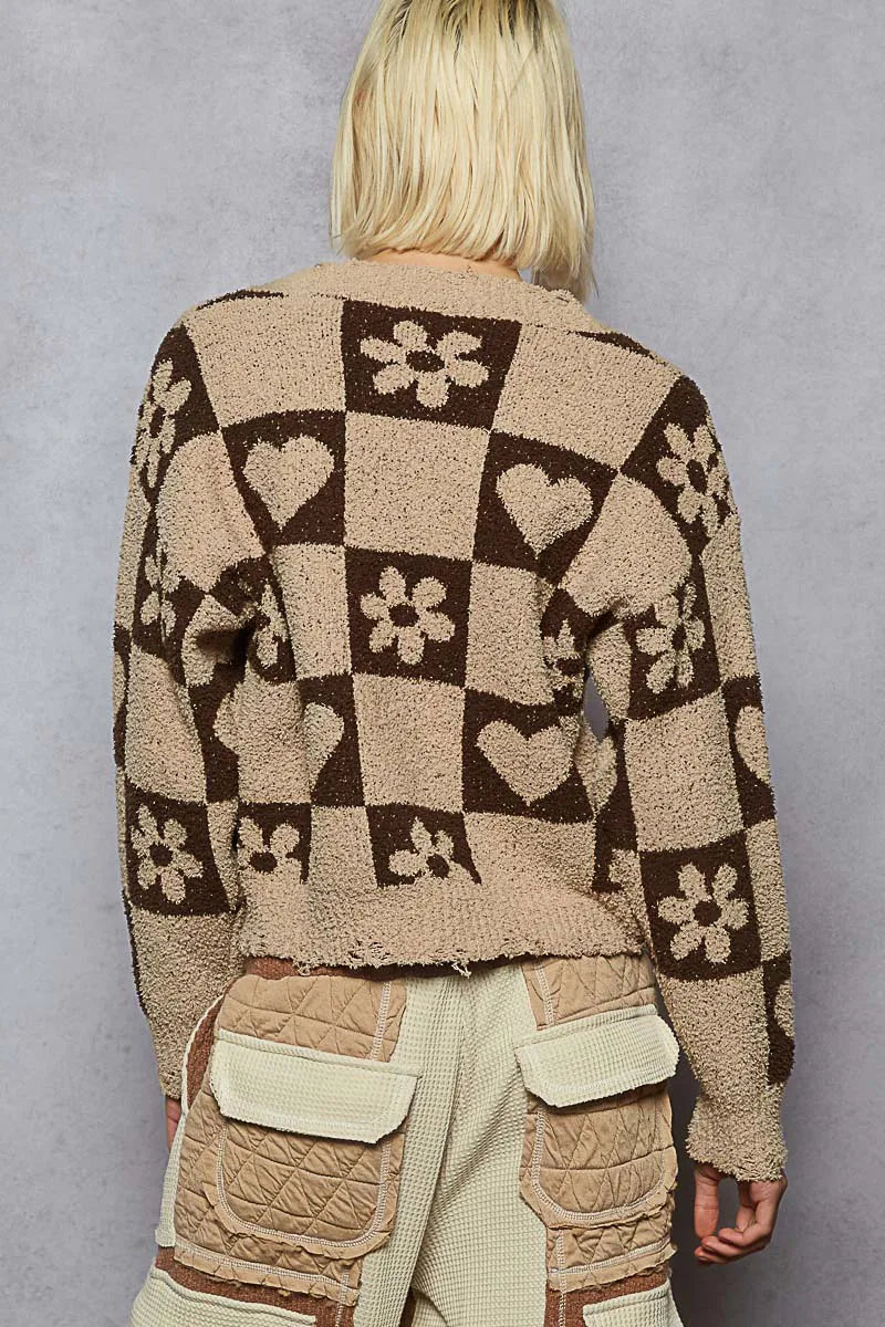POL V-Neck Heart Pattern Sweater – Stylish Women’s Knitwear