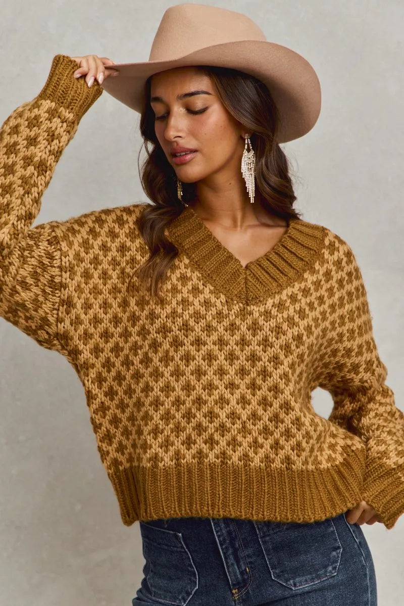 Color Block Textured Christmas Sweater by SO ME - Cozy V Neck Top