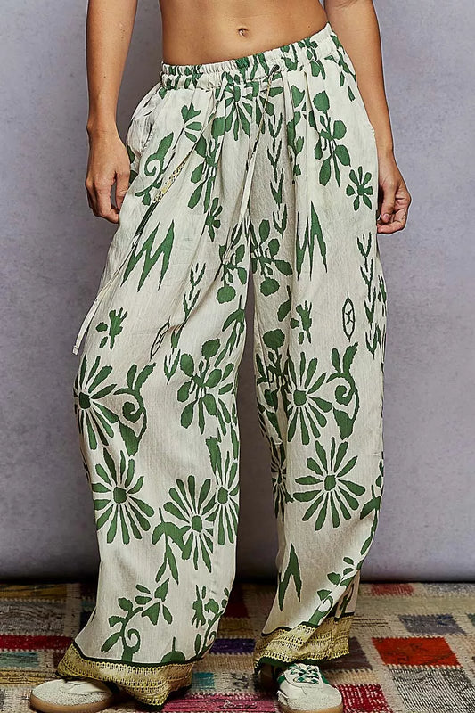 POL Floral Printed Woven Wide Leg Drawstring Pants - Stylish Fit