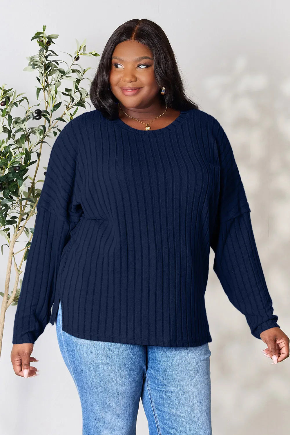 Basic Bae Full Size Ribbed Round Neck Slit Knit Top – Stylish Comfort