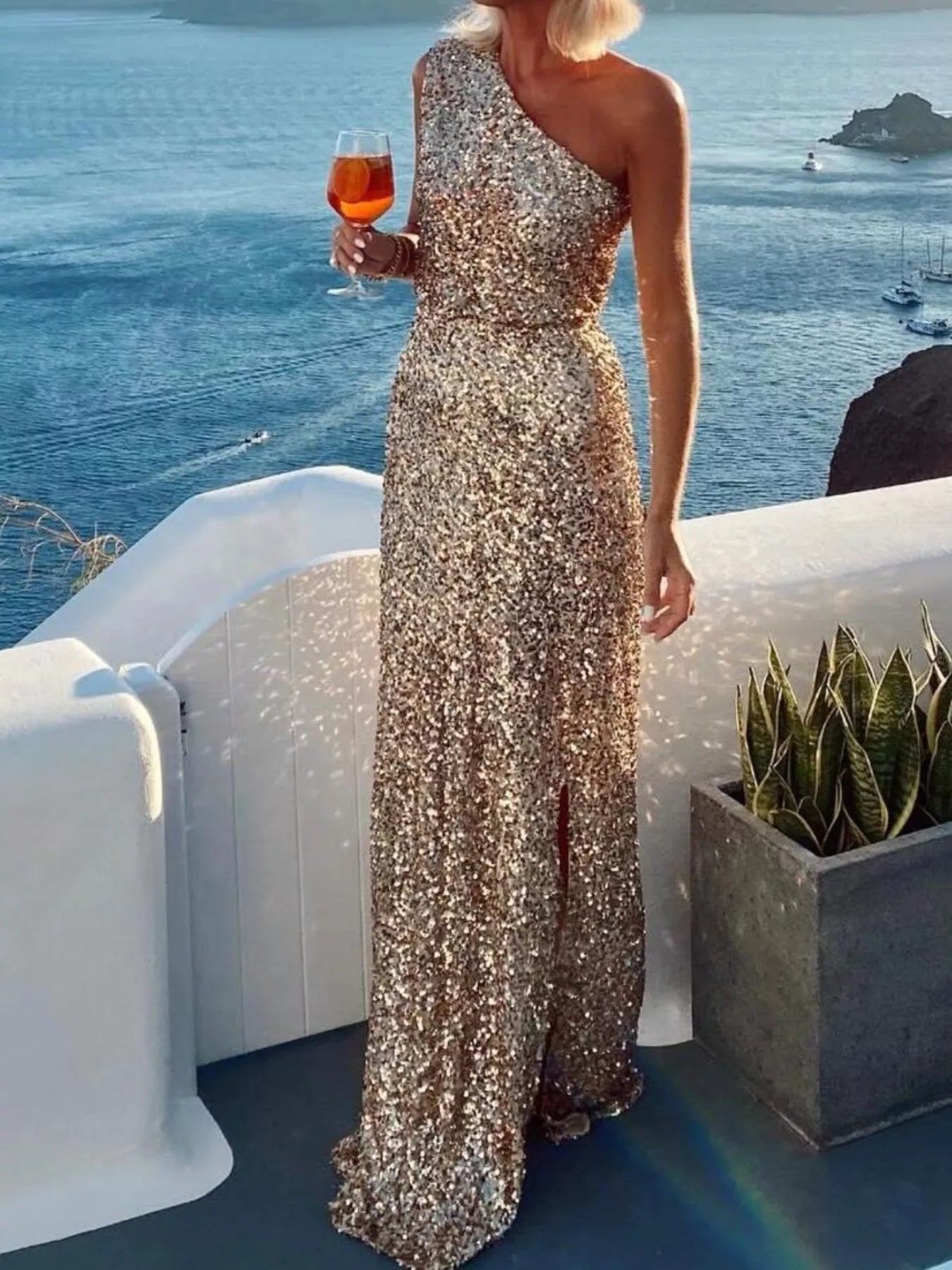 Sequin One-Shoulder Slit Maxi Dress – Elegant Glamorous Evening Wear