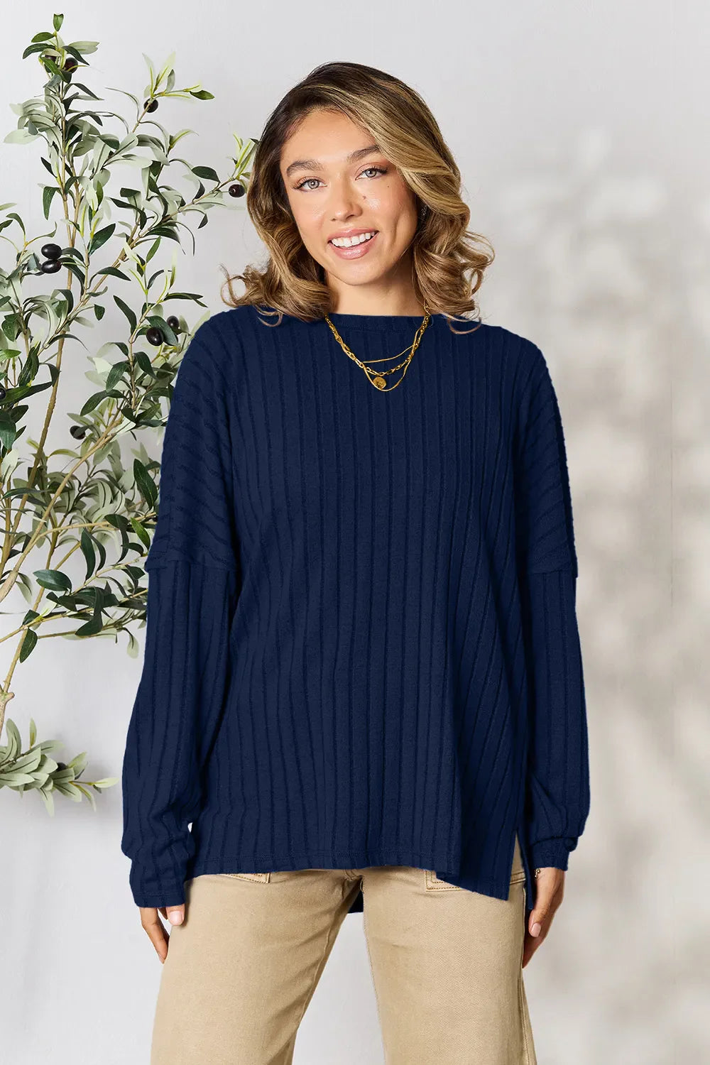 Basic Bae Full Size Ribbed Round Neck Slit Knit Top – Stylish Comfort