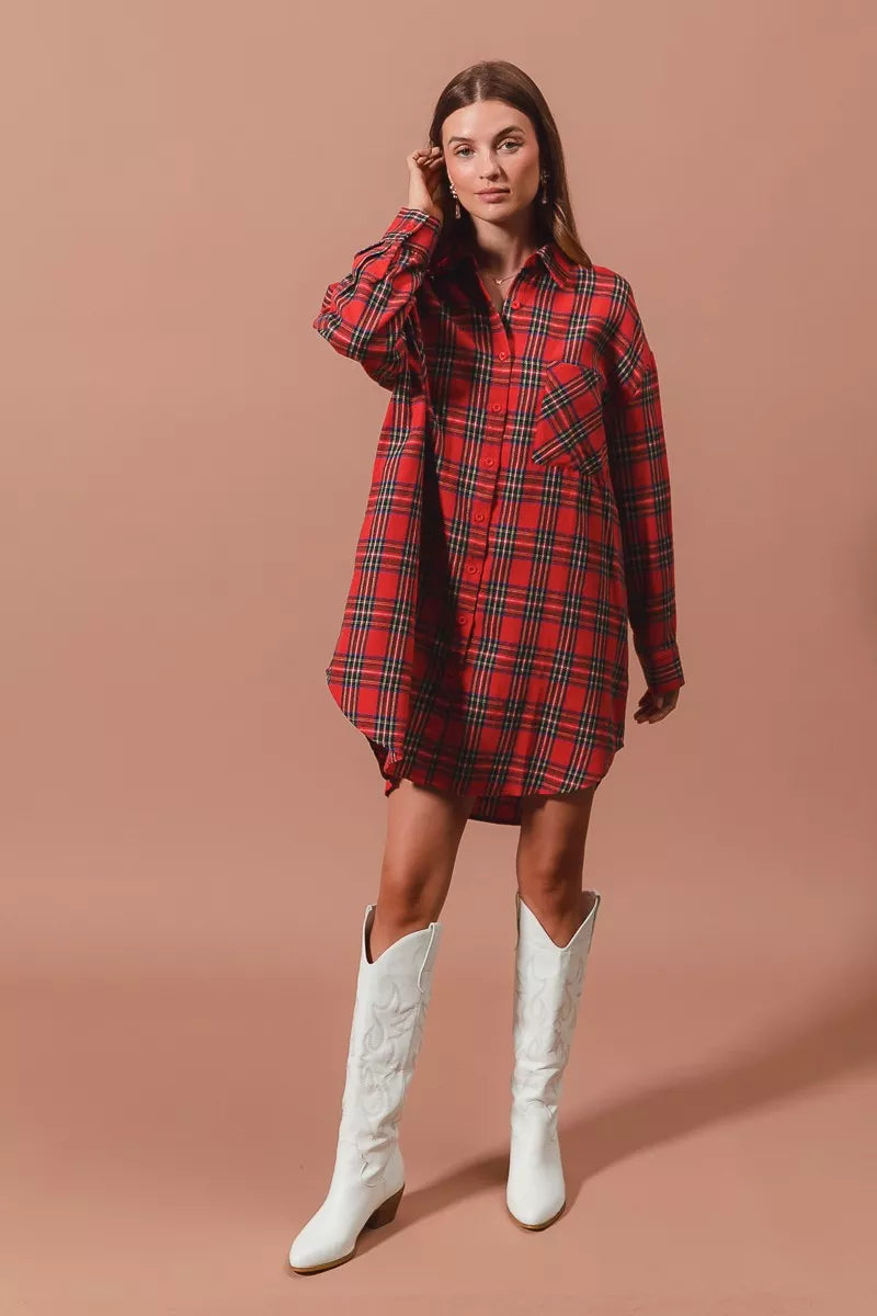SO ME Christmas Checker Plaid Button Up Shirt Dress – Festive Style