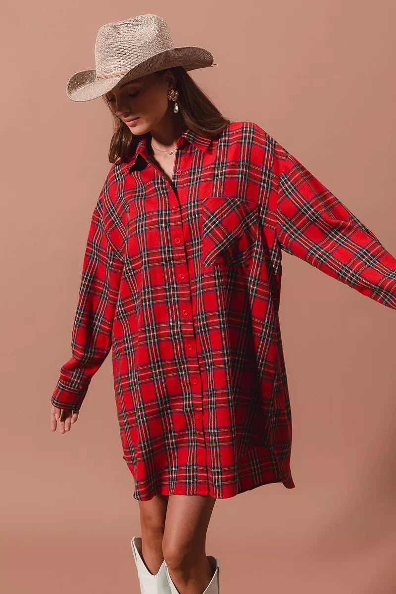 SO ME Christmas Checker Plaid Button Up Shirt Dress – Festive Style