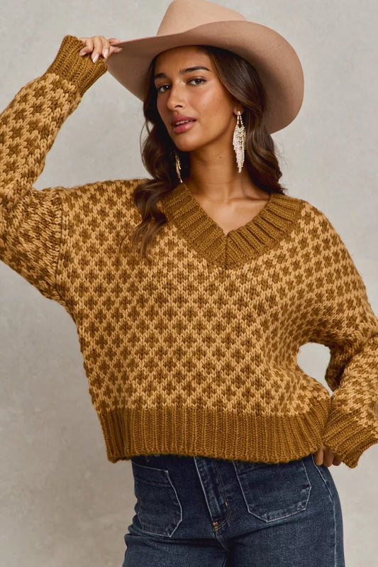 Color Block Textured Christmas Sweater by SO ME - Cozy V Neck Top