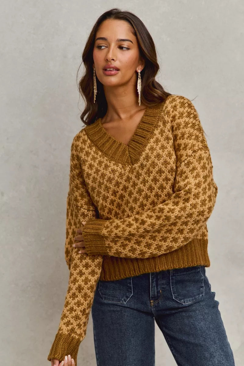 Color Block Textured Christmas Sweater by SO ME - Cozy V Neck Top