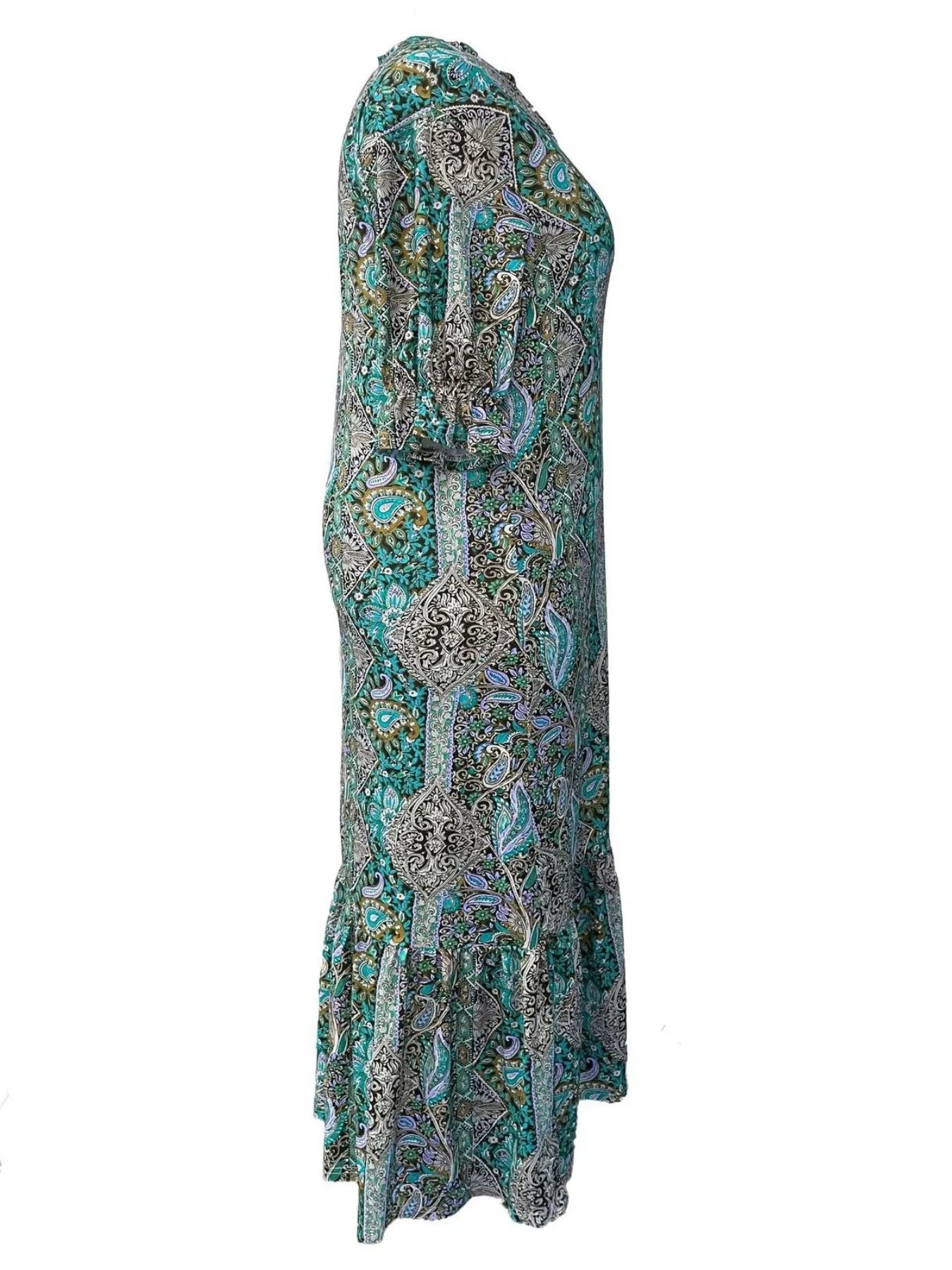 Full Size Bohemian Paisley Print Ruffle Hem Midi Dress – Plus Size