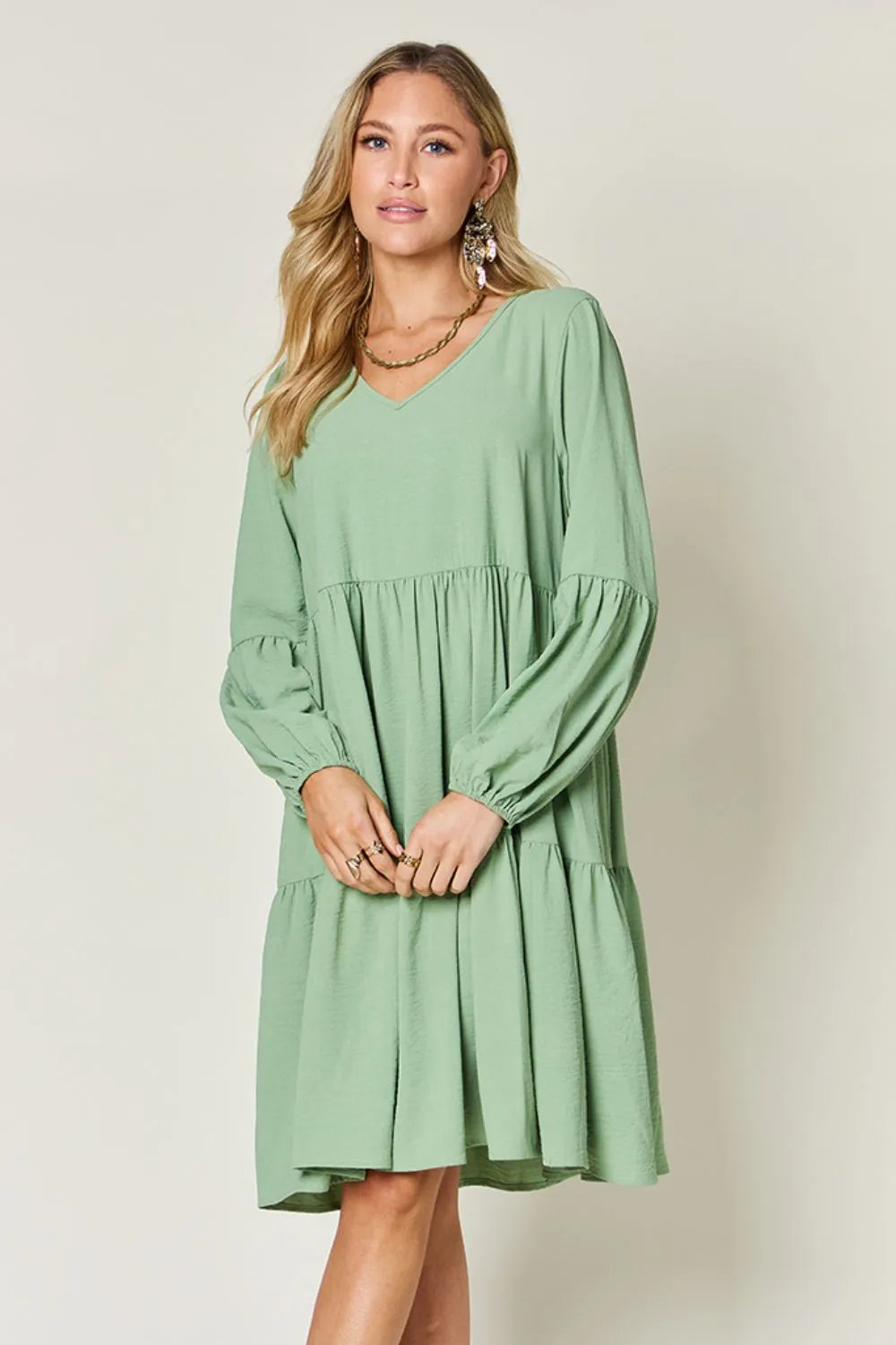 Double Take Full Size V-Neck Balloon Sleeve Tiered Dress | Pockets