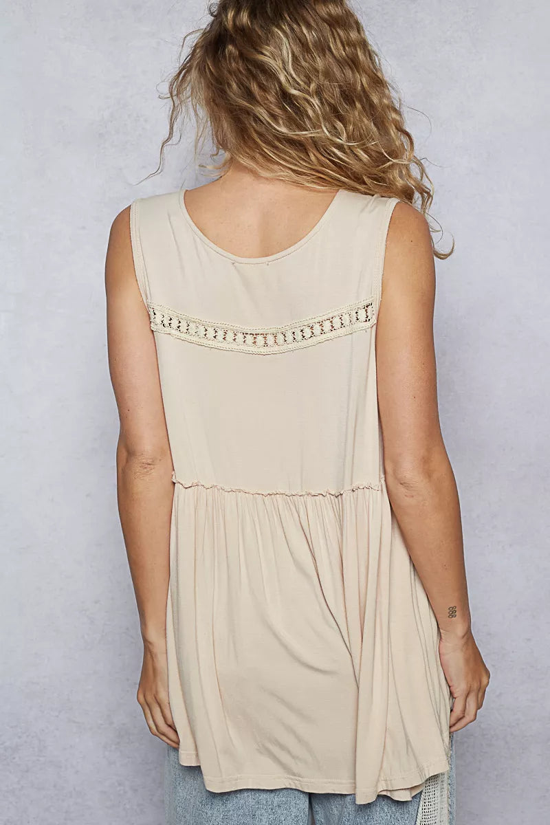 POL Lace Trim Babydoll Sleeveless Top with Ruffled and Raw Edge Detail