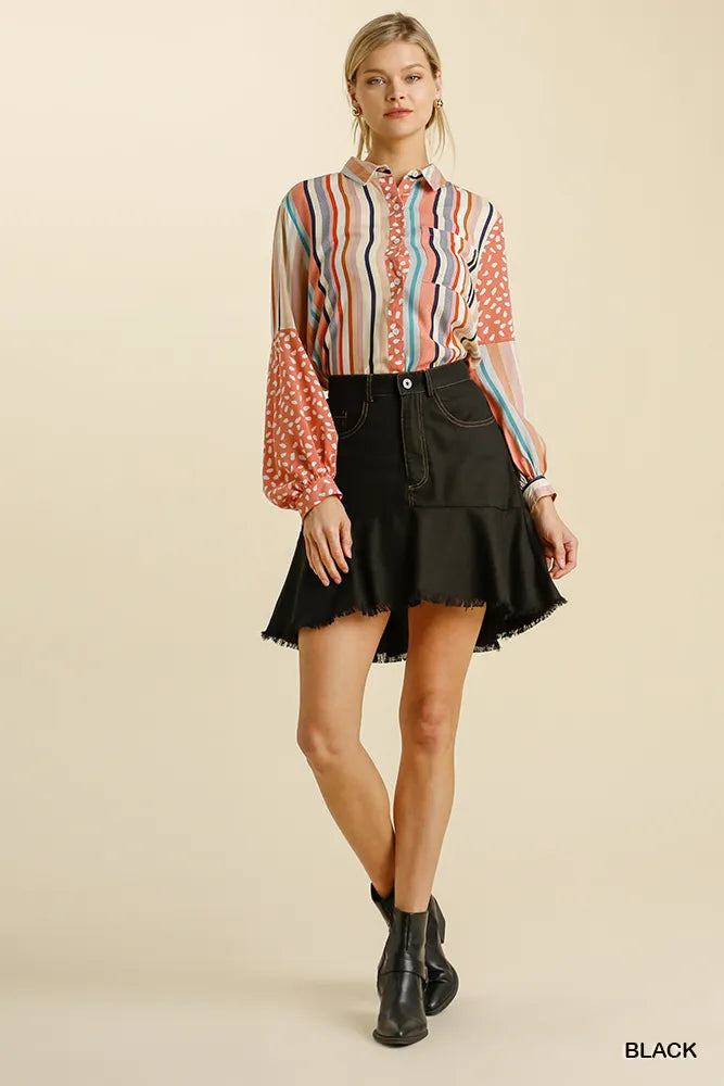 Umgee Linen Blend Skirt – 5 Pockets High Low with Frayed Hem