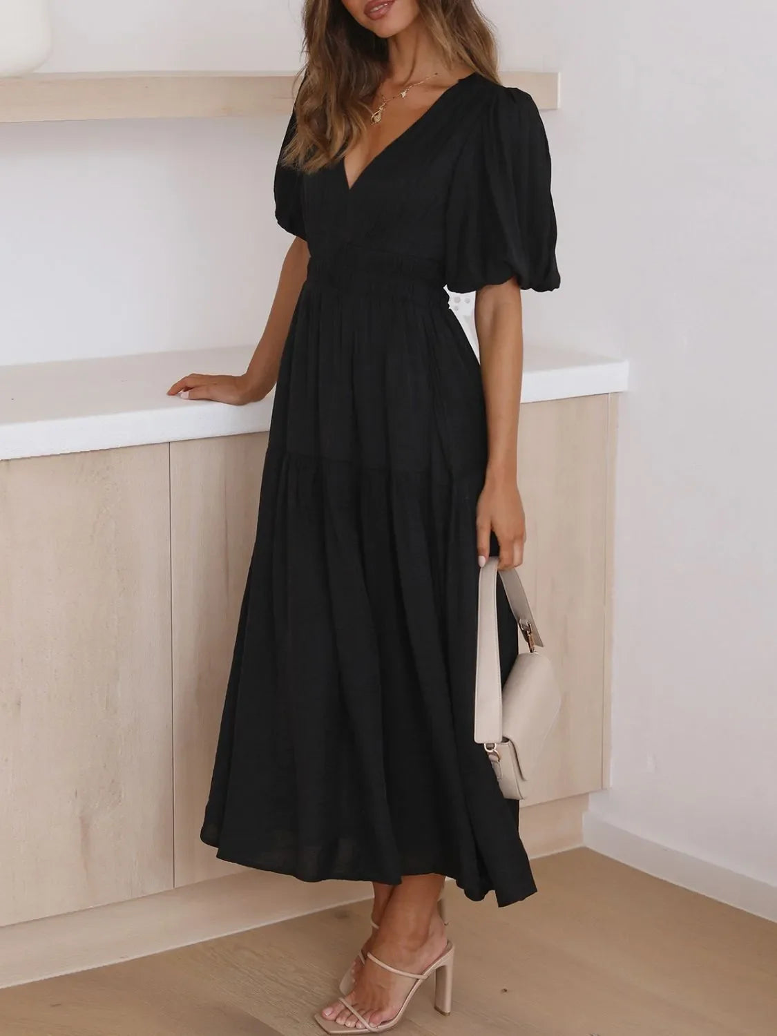 V-Neck Puff Sleeve Midi Dress | Elegant Styles at CentPrime