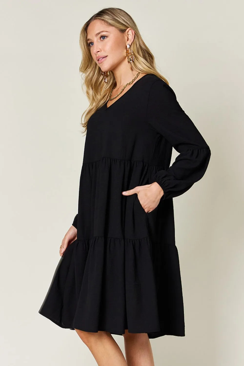 Double Take Full Size V-Neck Balloon Sleeve Tiered Dress | Pockets