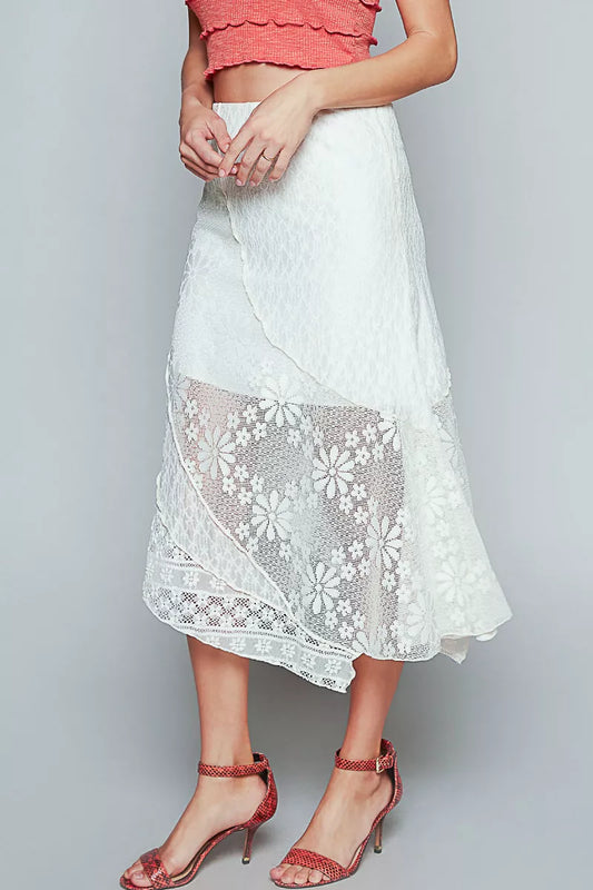 POL Ruffled Floral Lace Skirt with Unbalanced Hem – Elegant Style
