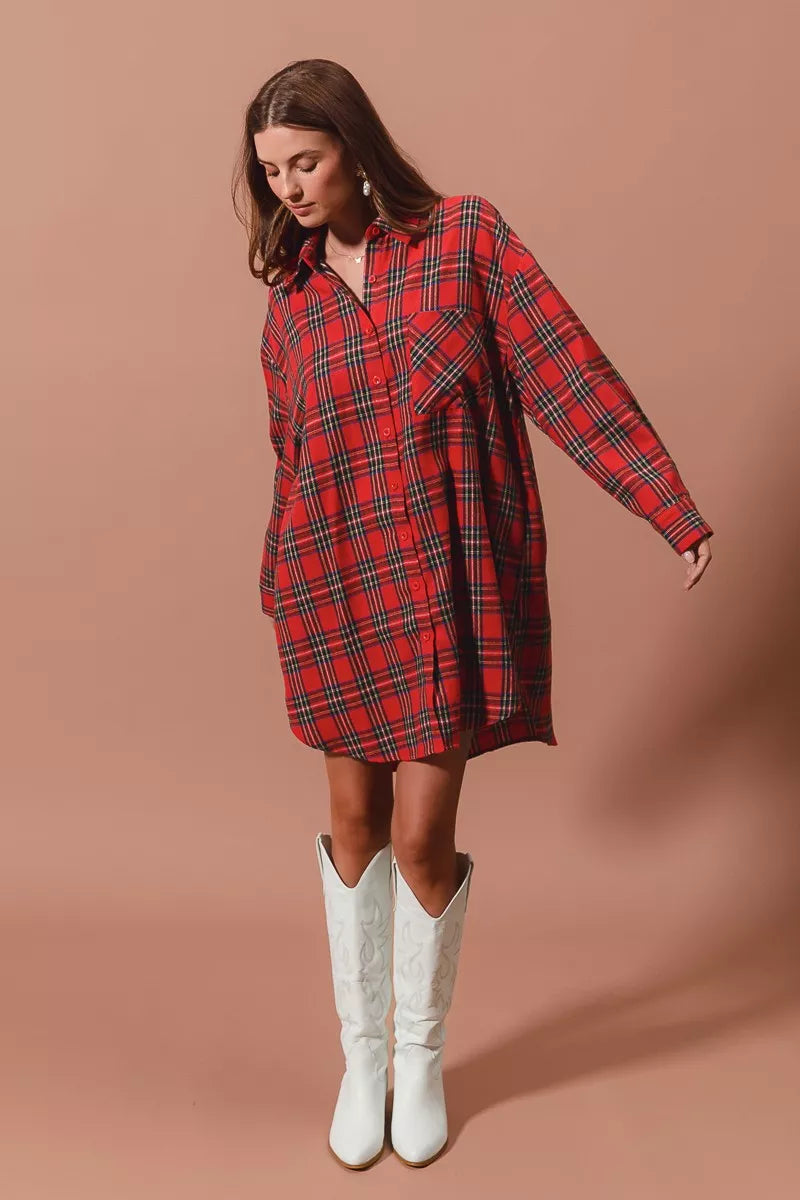 SO ME Christmas Checker Plaid Button Up Shirt Dress – Festive Style