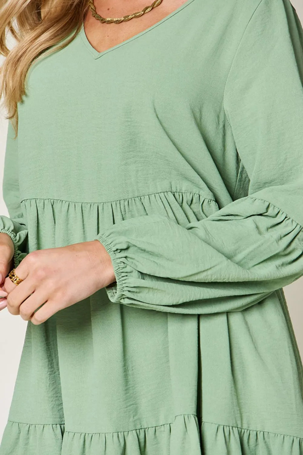 Double Take Full Size V-Neck Balloon Sleeve Tiered Dress | Pockets