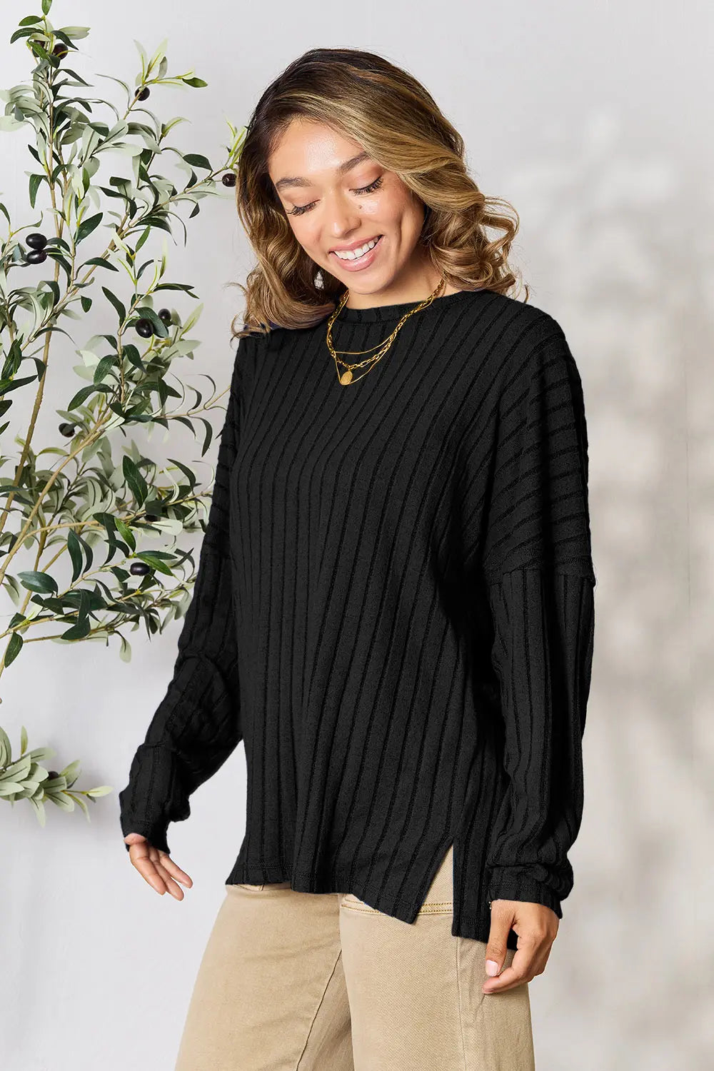 Basic Bae Full Size Ribbed Round Neck Slit Knit Top – Stylish Comfort