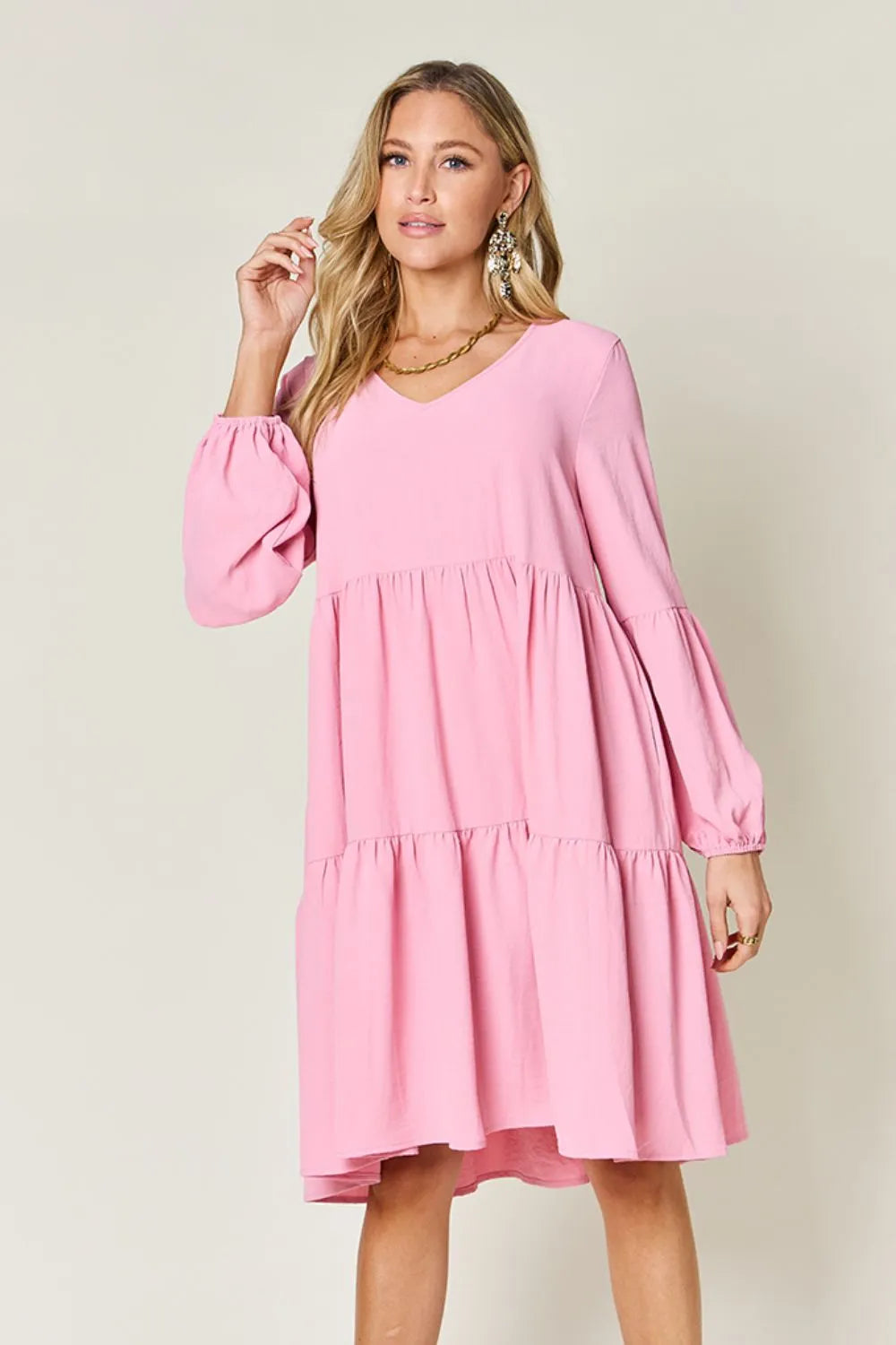 Double Take Full Size V-Neck Balloon Sleeve Tiered Dress | Pockets