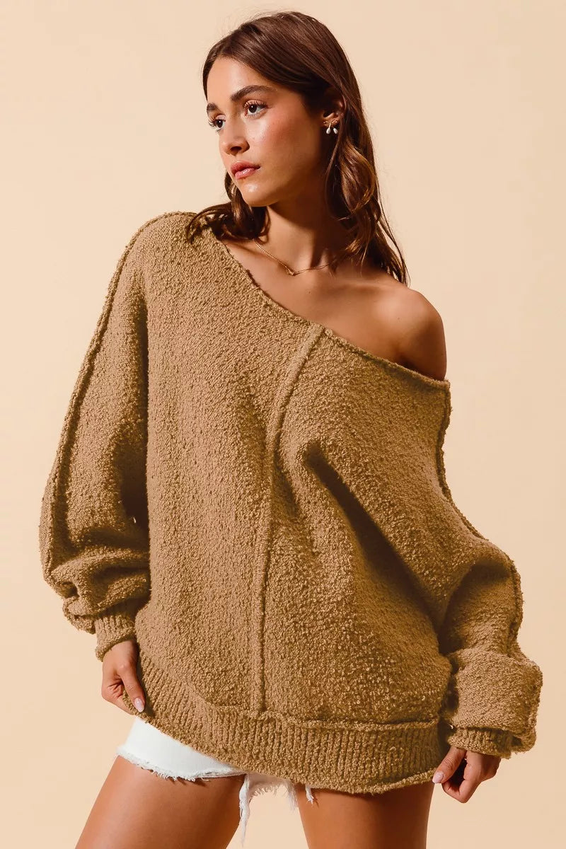 Loose Fit Exposed Seam Sweater by SO ME – Slouchy Boucle Style