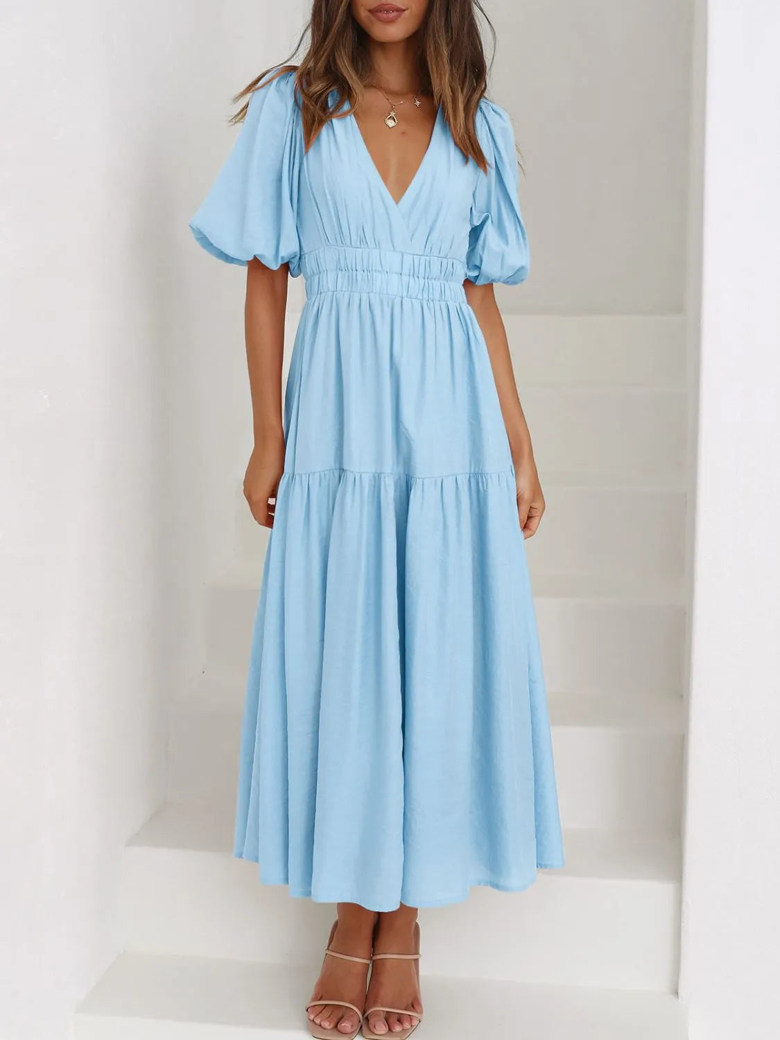 V-Neck Puff Sleeve Midi Dress | Elegant Styles at CentPrime