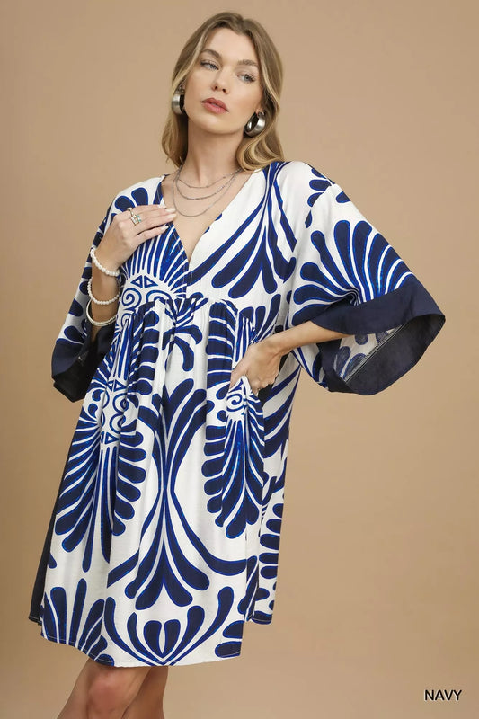 Umgee Abstract Print Kimono Sleeve Mini Dress - Bold & Stylish