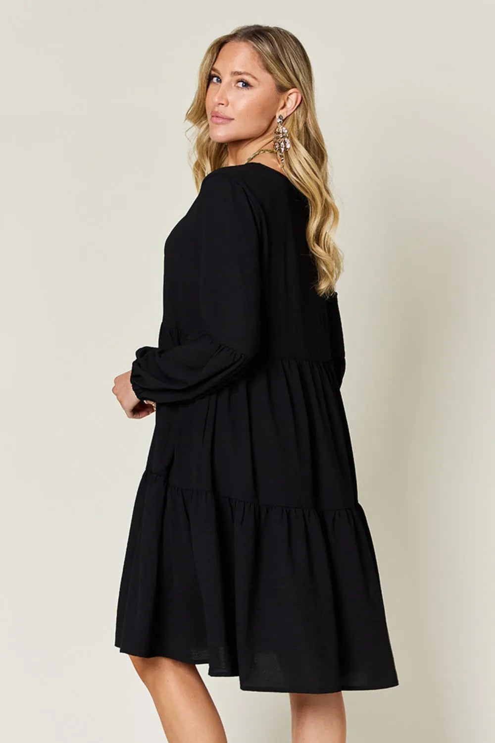 Double Take Full Size V-Neck Balloon Sleeve Tiered Dress | Pockets