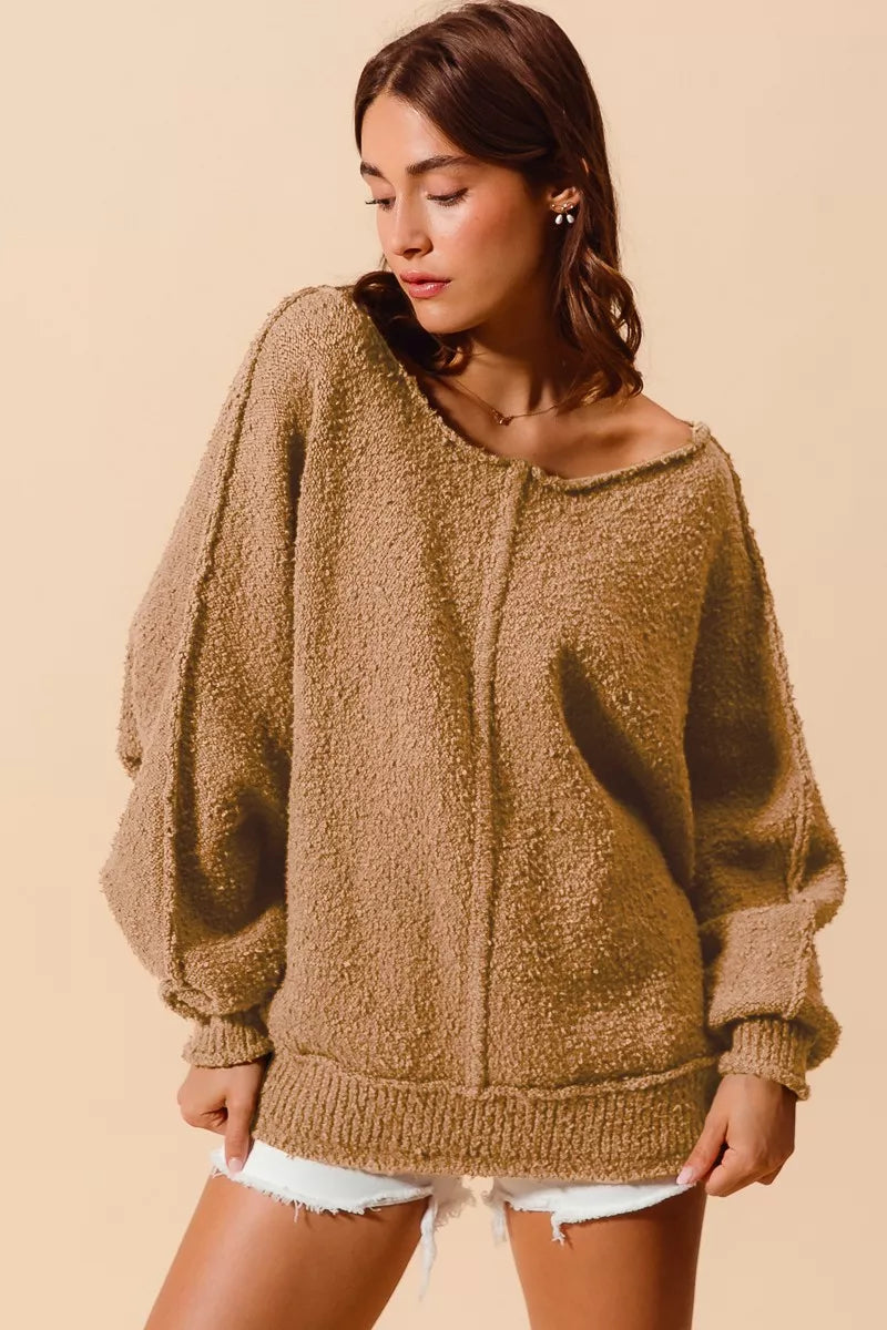 Loose Fit Exposed Seam Sweater by SO ME – Slouchy Boucle Style