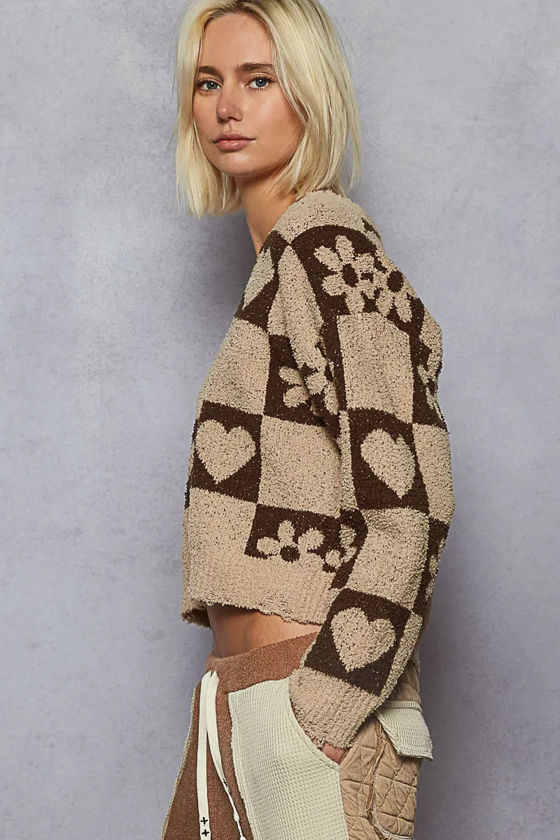 POL V-Neck Heart Pattern Sweater – Stylish Women’s Knitwear