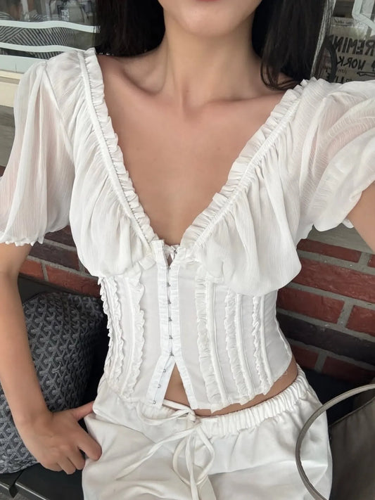 Frill V-Neck Puff Sleeve Blouse | Elegant Women’s Tops at Centprime