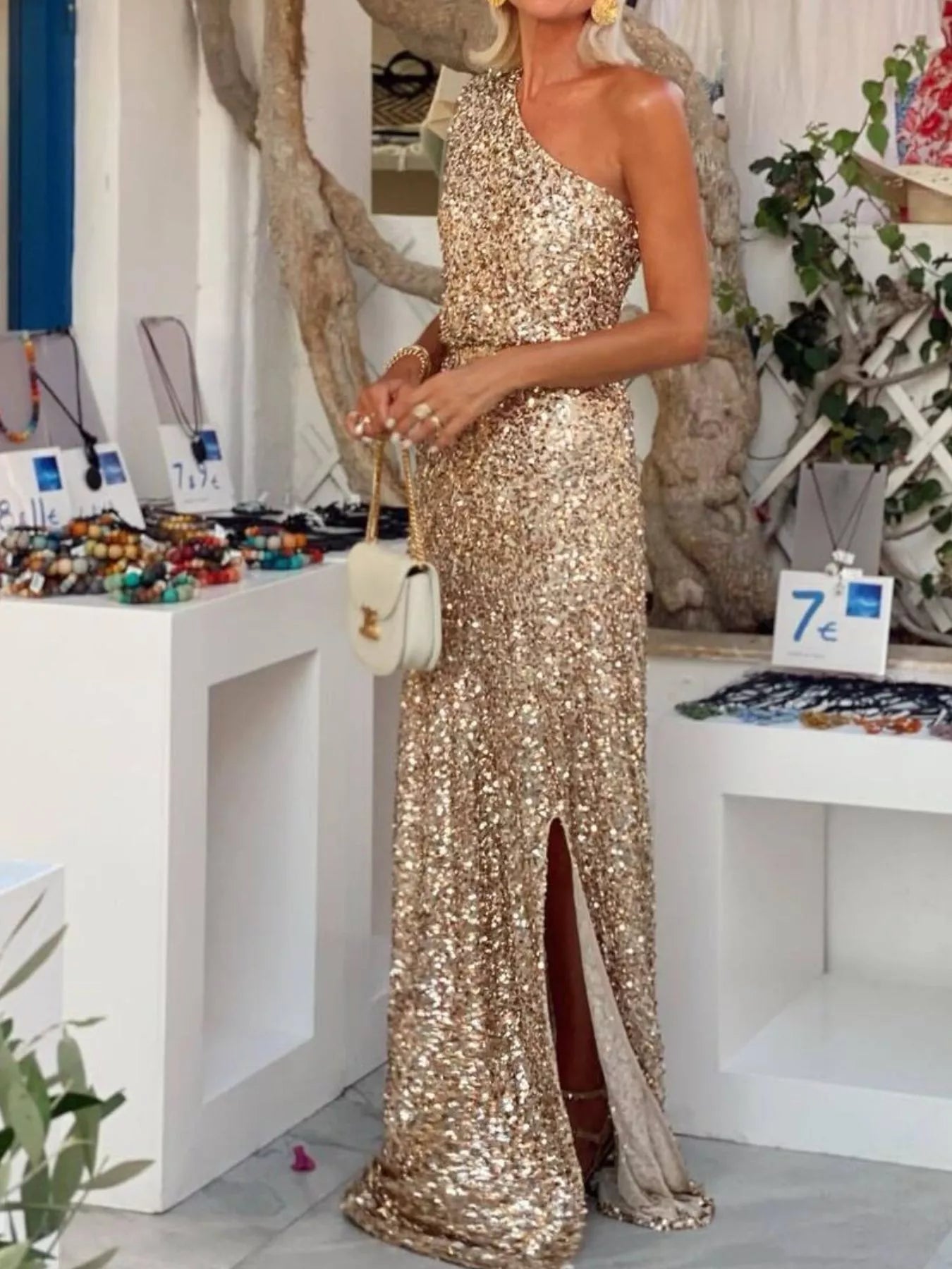 Sequin One-Shoulder Slit Maxi Dress – Elegant Glamorous Evening Wear
