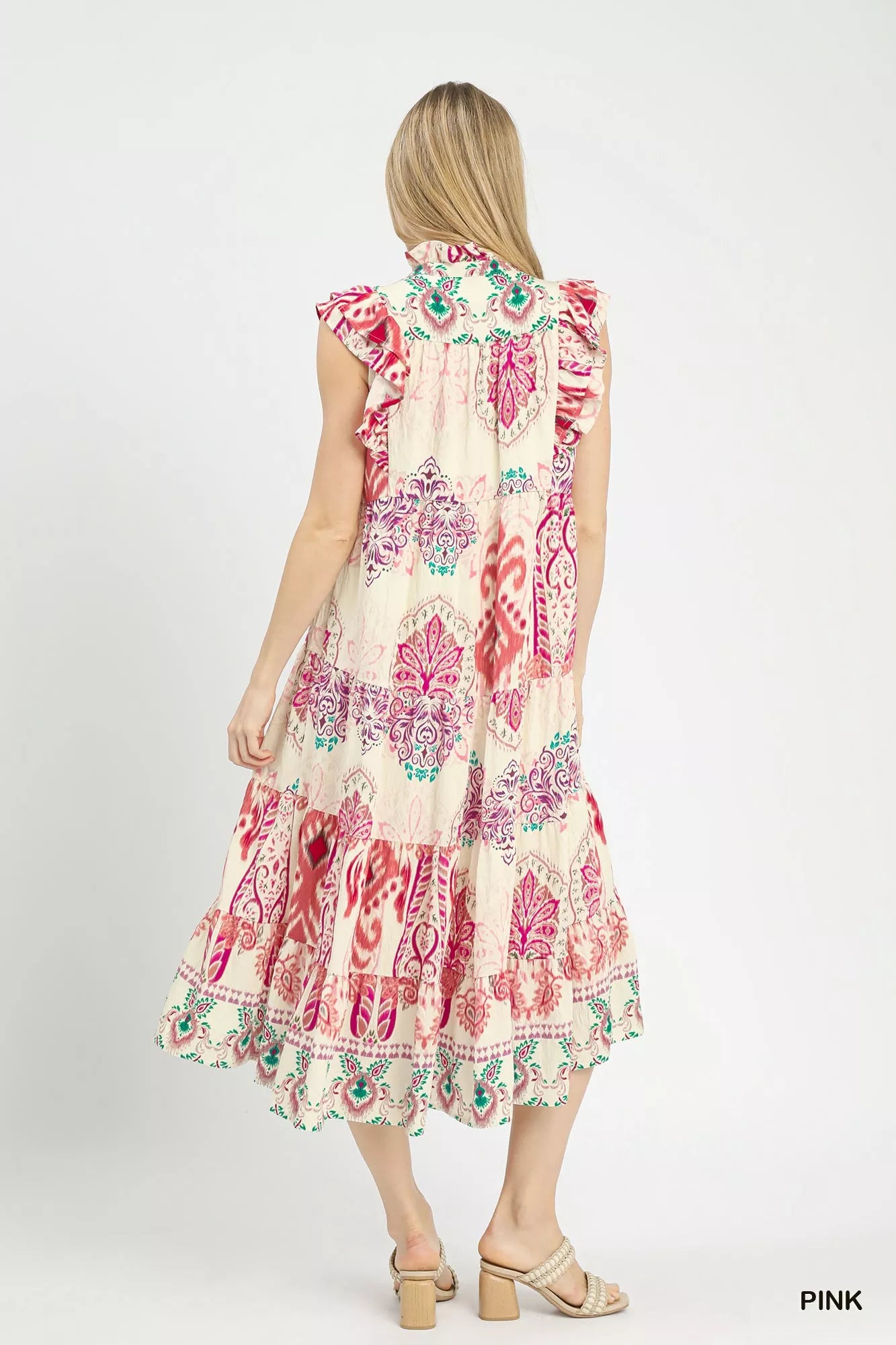 Umgee Boho Border Print Ruffle Midi Dress - Flowy Chic