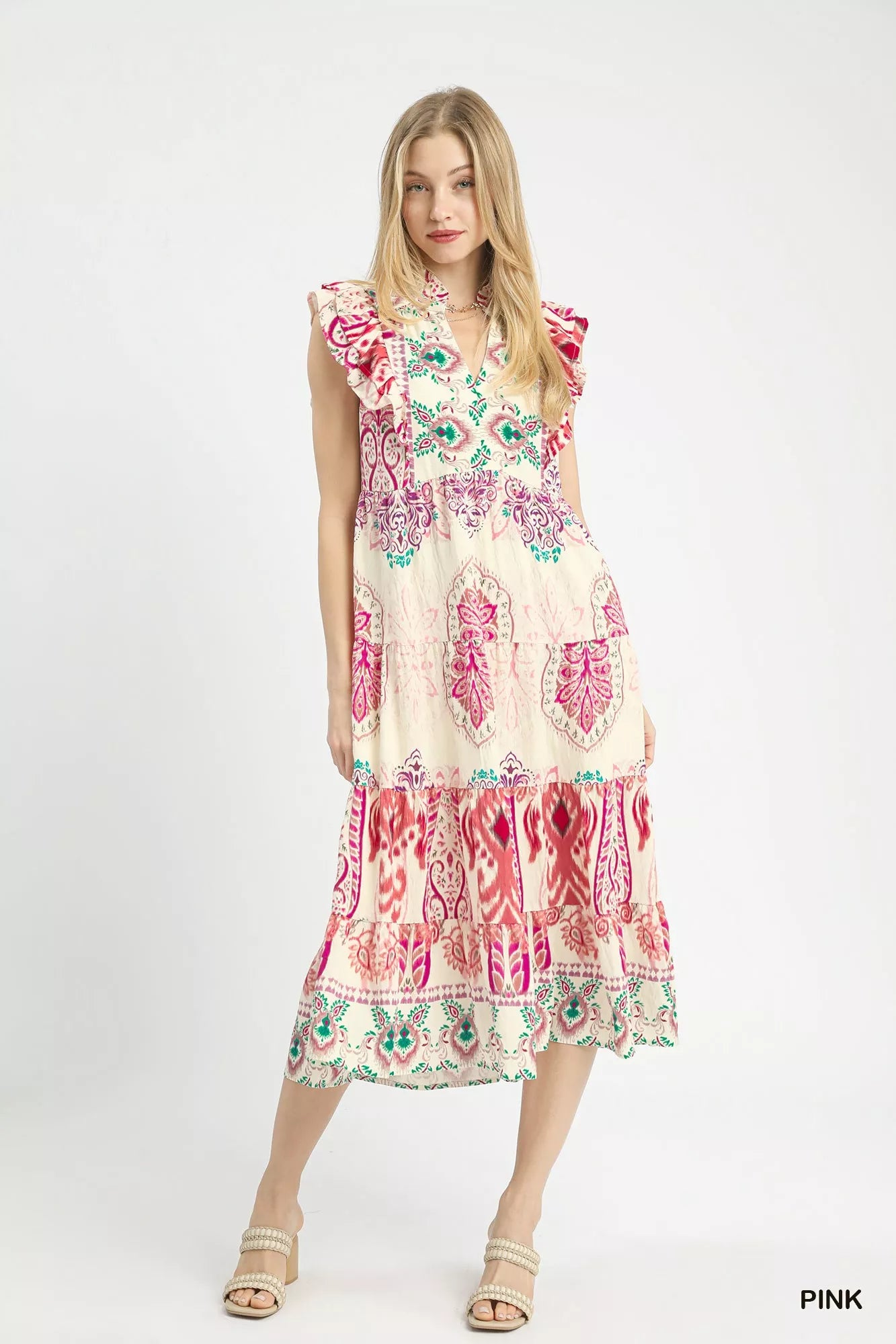 Umgee Boho Border Print Ruffle Midi Dress - Flowy Chic