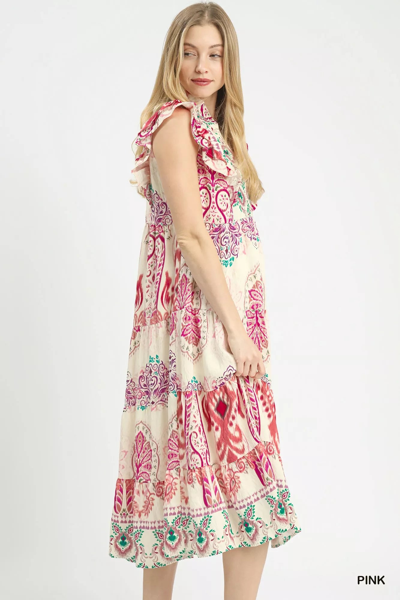 Umgee Boho Border Print Ruffle Midi Dress - Flowy Chic